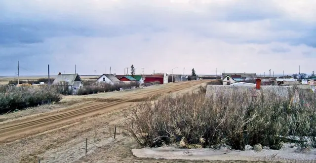 Dirt road and houses at the edge of Robsart